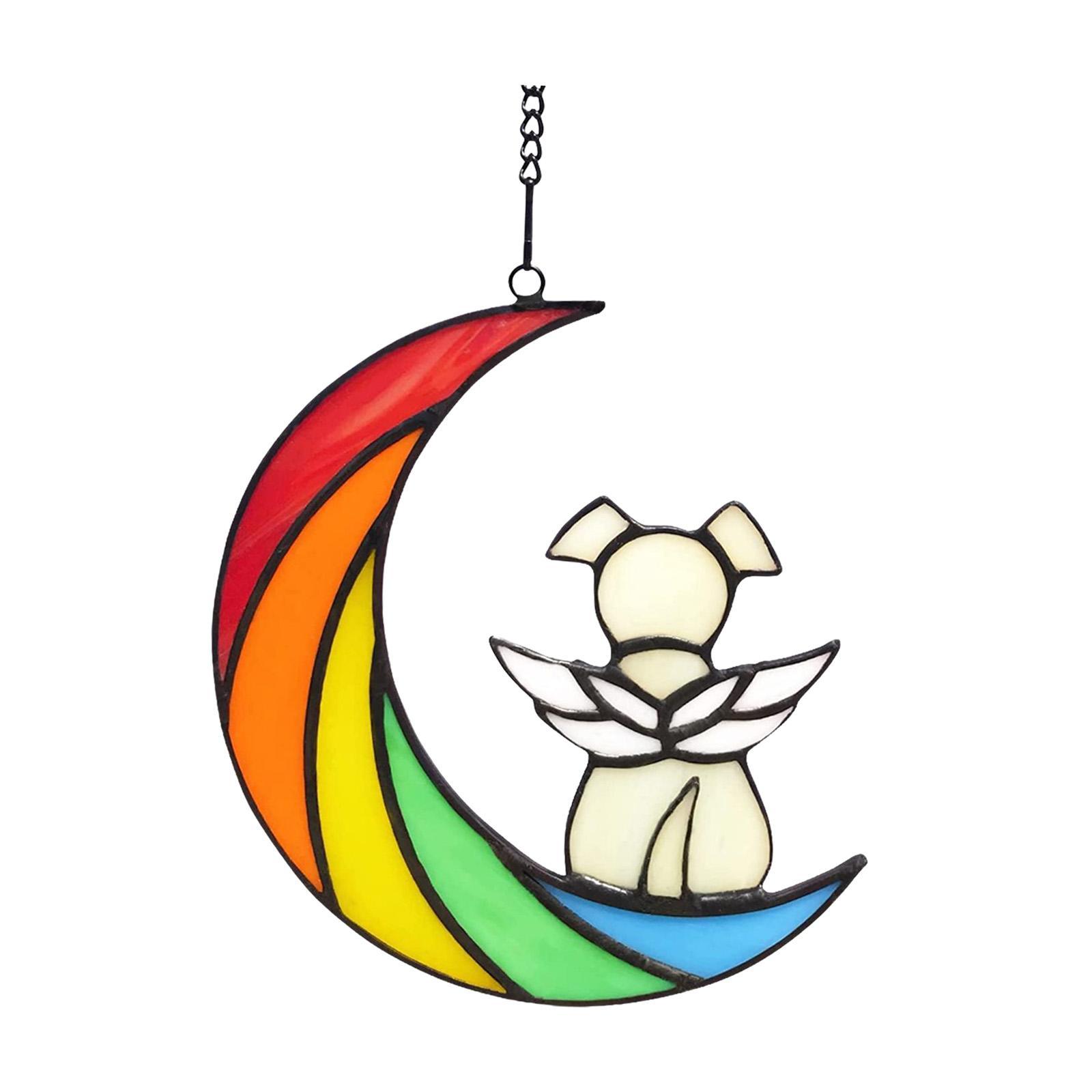 Stained Glass Window Hangings Dog on The Moon Ornament for Bedroom Decor