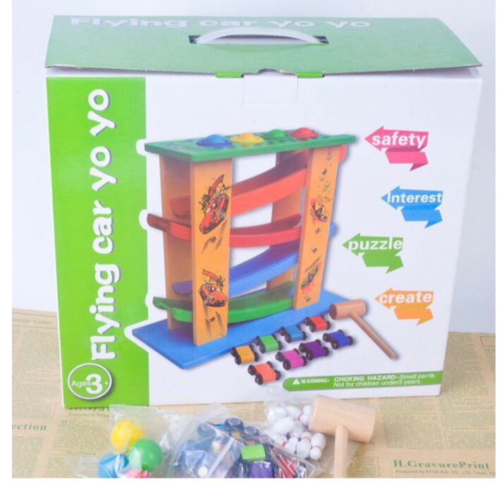 Cầu trượt ô tô 4 tầng kết hợp chơi bowling và đập bóng cho bé - Đồ chơi gỗ 3in1