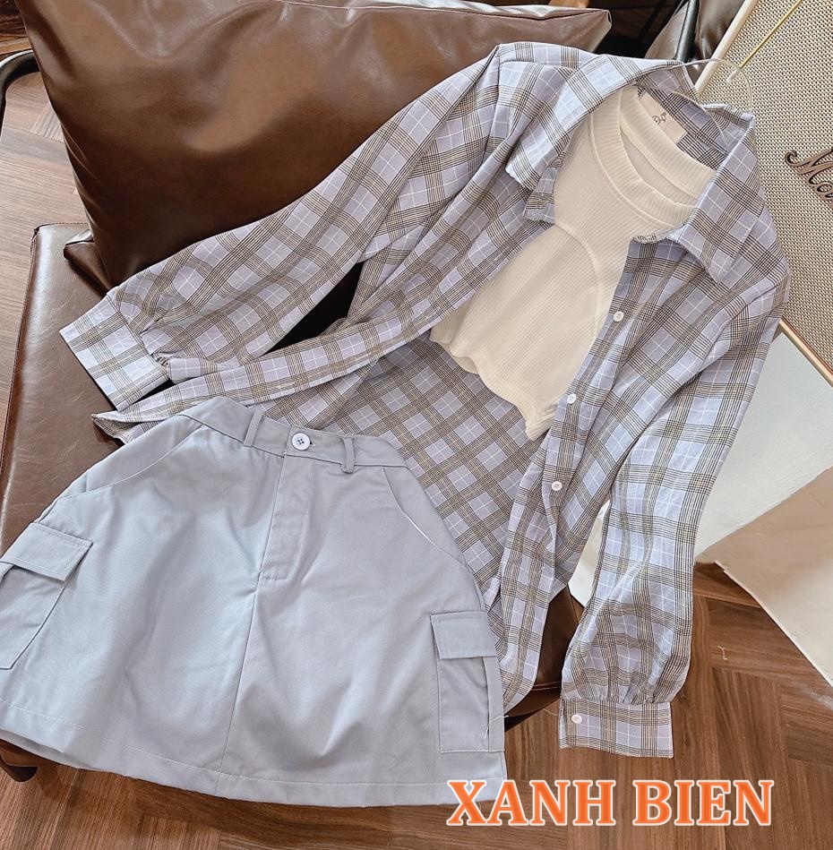 SET ÁO SƠ MI CARO RỘNG + ÁO CROPTOP THUN PASTEL + CHÂN VÁY NGẮN LƯNG CAO TÚI HỘP SUÔNG TRƠN DẠO PHỐ CÔNG SỞ DỰ TIỆC