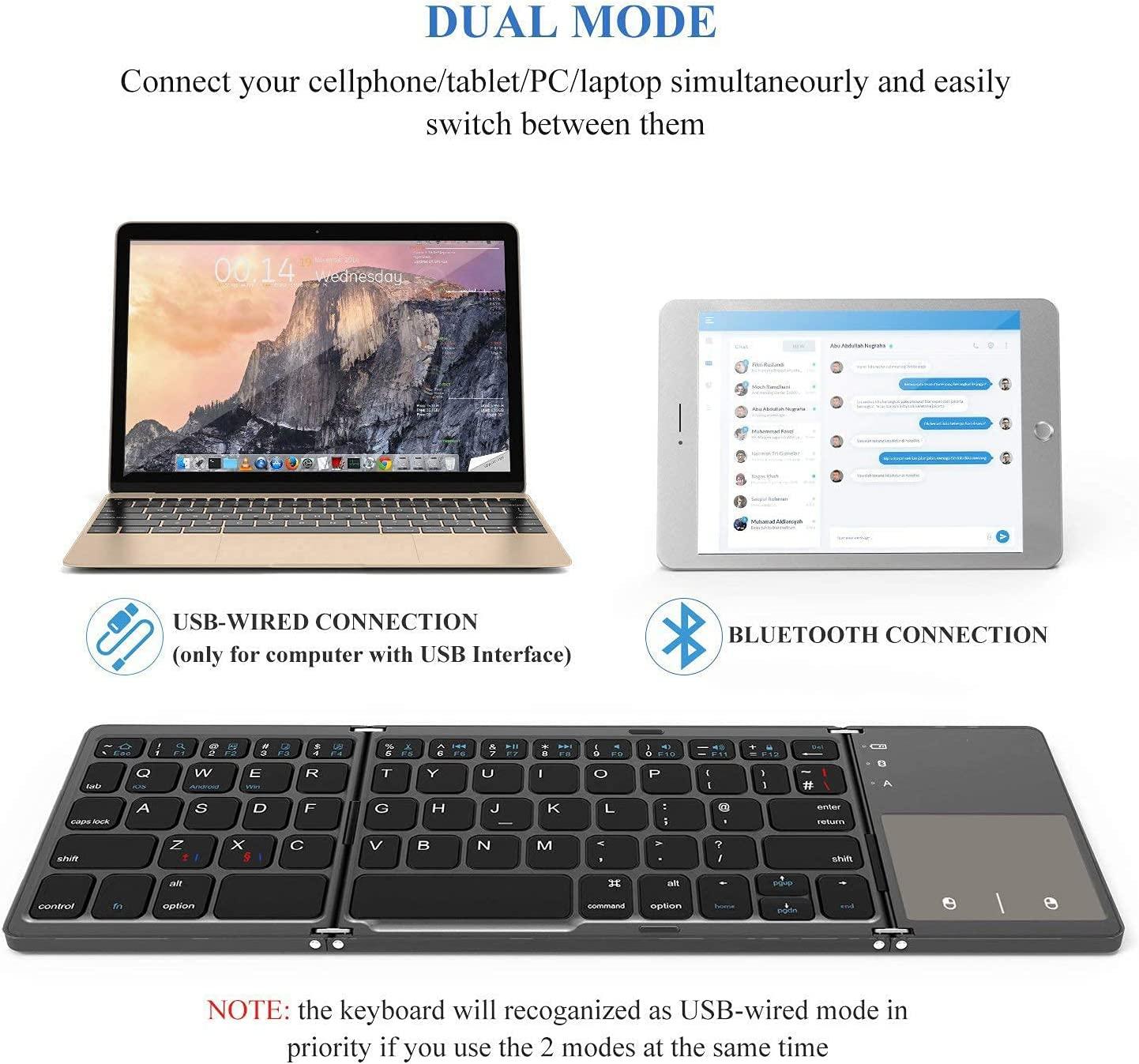 Bàn phím Bluetooth với TouchPad, 2 trong 1, Sạc, Bàn phím không dây có thể gập lại của Portabe, cho PC/Máy tính bảng/TV thông minh