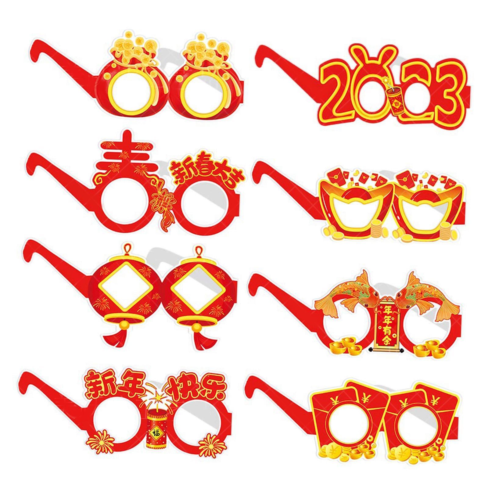 8x Cute New Year Photo Glasses Booth Props Frame Paper Prop Party Adults Kids Accessories