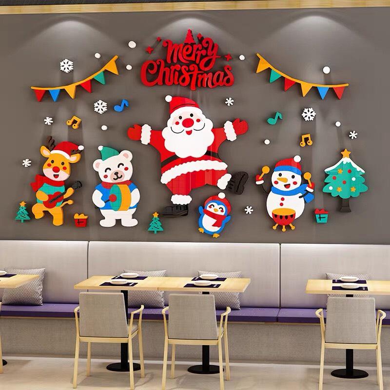 Decal dán tường trang trí Giáng Sinh hình ông già Noel cùng chú tuần lộc, người Tuyết, trang trí cửa kính cửa hàng