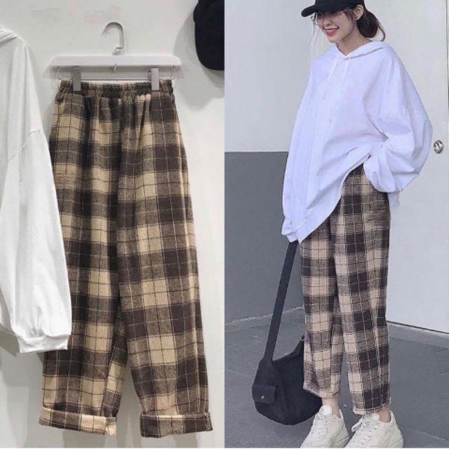 QUẦN NỮ , QUẦN SỌC CARO , QUẦN BAGGY CHẤT KATE NAM NỮ MẶC