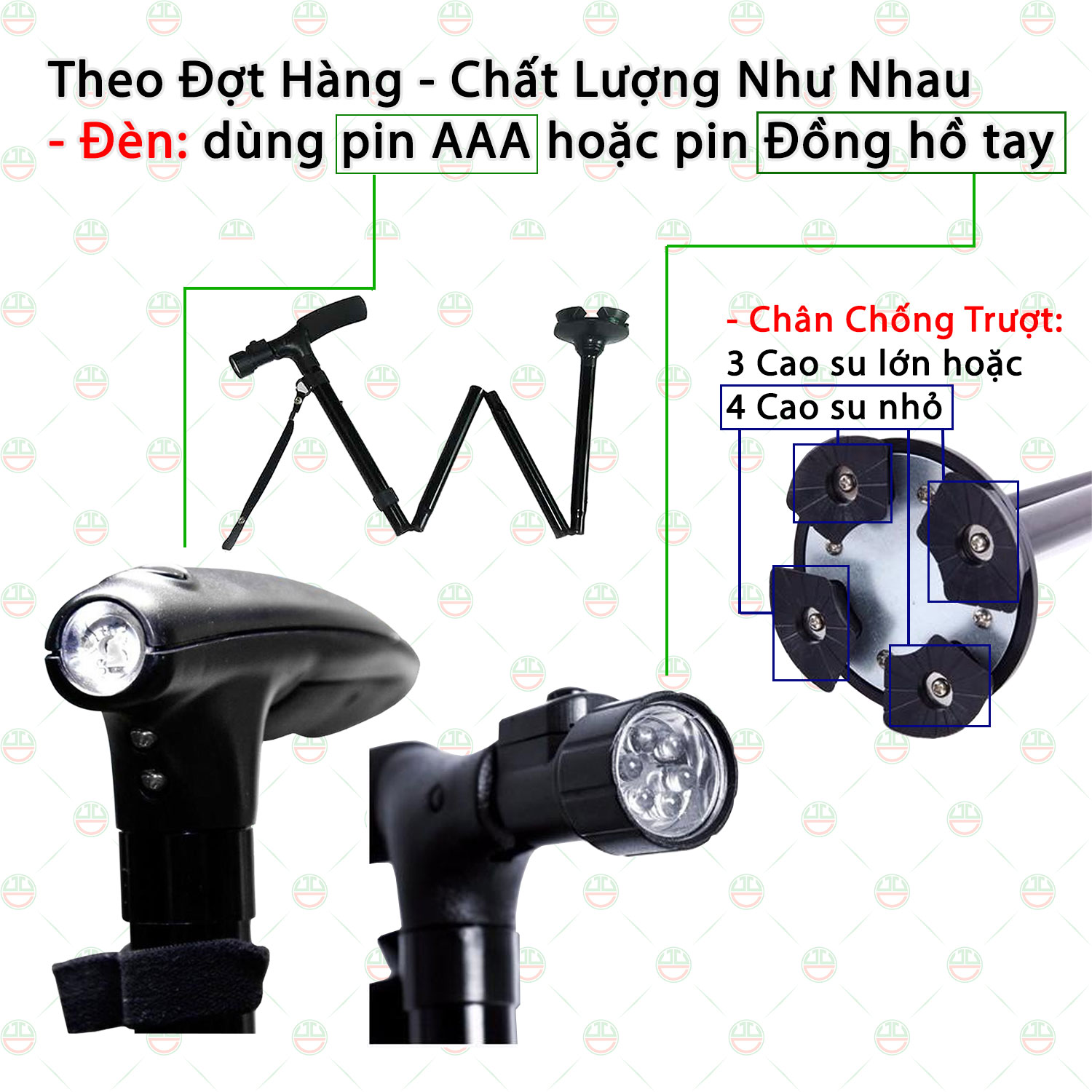 Gậy gấp gọn 3 khúc chống trượt có đèn Pin dùng người bị xương khớp, bong gân, chân yếu - NPD-GayGap-1636