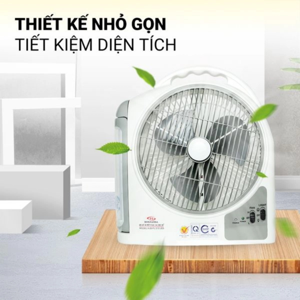 Quạt Sạc Tích Điện Dạng Hộp AC&amp;DC 10 inch Honjianda FL213 loại 2 bình có đèn LED - Hàng Chính Hãng