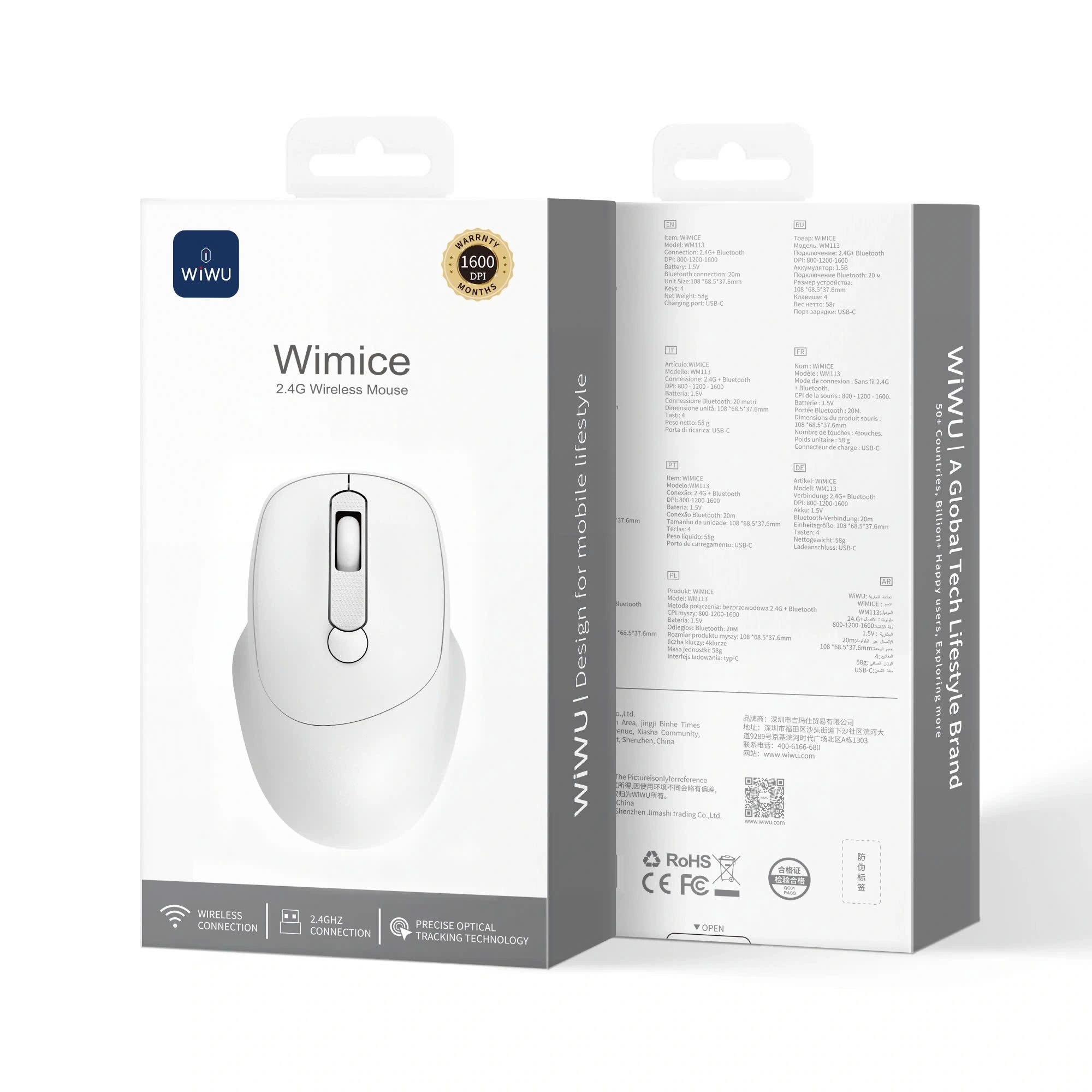 Chuột không dây Công nghệ AirGlide Wireless Mouse WiWU WIMICE WM113 2.4G Wireless Silent Click, DPI 1600, Siêu Nhẹ 58g, 4 Phím Thông Minh, Dùng Pin AA, Thiết kế công thái học ôm tay - hàng nhập khẩu