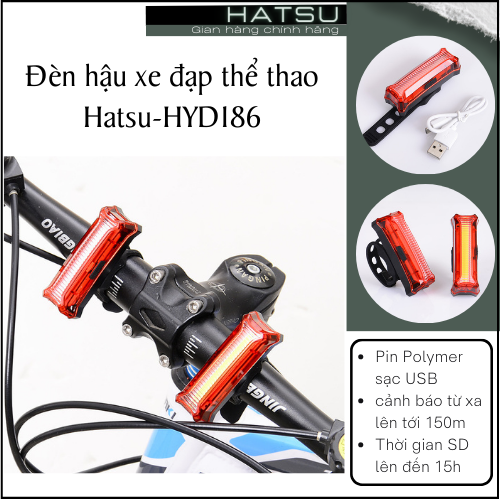 Đèn hậu xe đạp thể thao Hatsu-HYD186, đèn led siêu sáng đa chức năng, Pin Polymer sạc USB