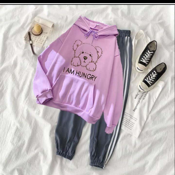 Set bộ áo hoodie nam nữ gấu nâu hunry chất nỉ bông siêu dày , phom rộng size từ 37 đến 65kg kèm quần 2 sọc bo xám