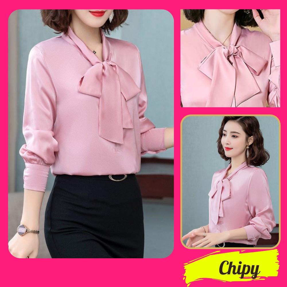 Áo Sơ Mi Kiểu Công Sở Đẹp CHIPY Tay Dài Cổ Thắt Nơ Màu Hồng Chất Lụa Cao Cấp From Rộng Hàn Quốc Ulzzang Vintage A1H