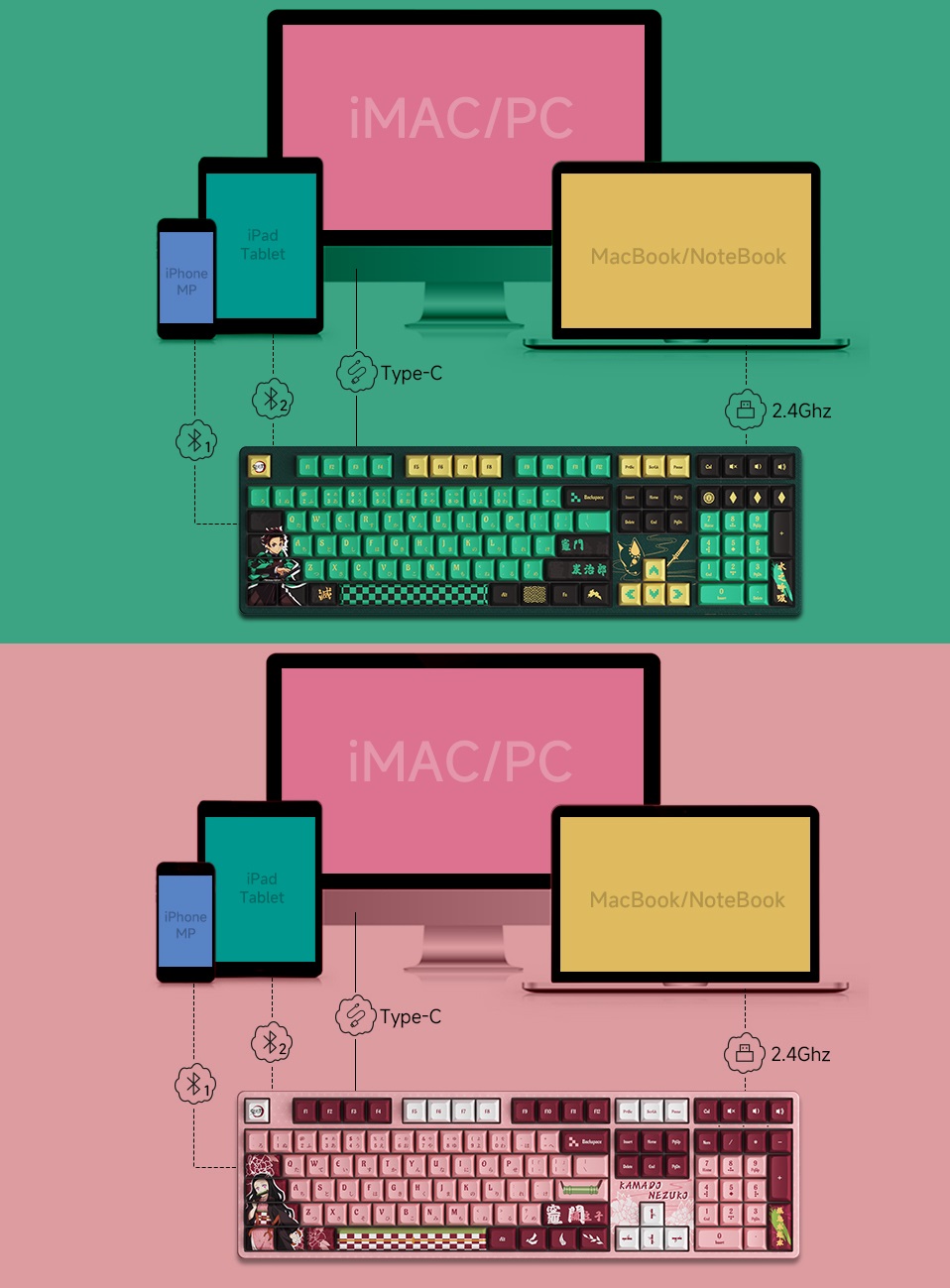 Bàn phím cơ AKKO 5108B Plus Demon Slayer - Kamado Nezuko/Kamado Tanjirou (Multi-modes/Hotswap/RGB/Akko cs switch - CrystaI) - Hàng chính hãng