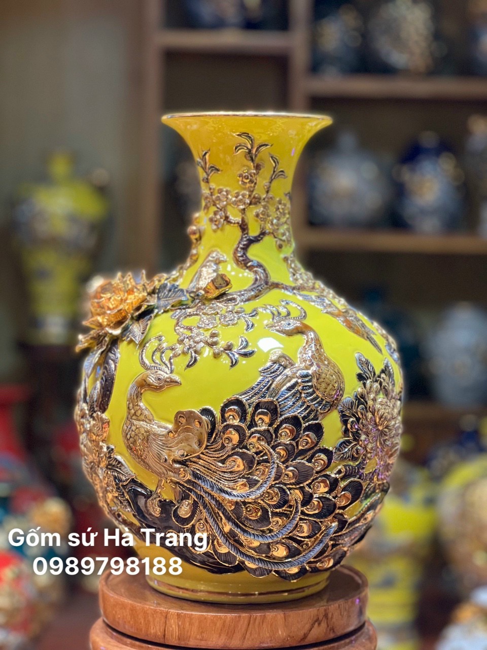 Tỏi hút lộc gốm sứ Bát Tràng cao cấp vẽ vàng hoạ tiết công thành danh toại cao 40cm