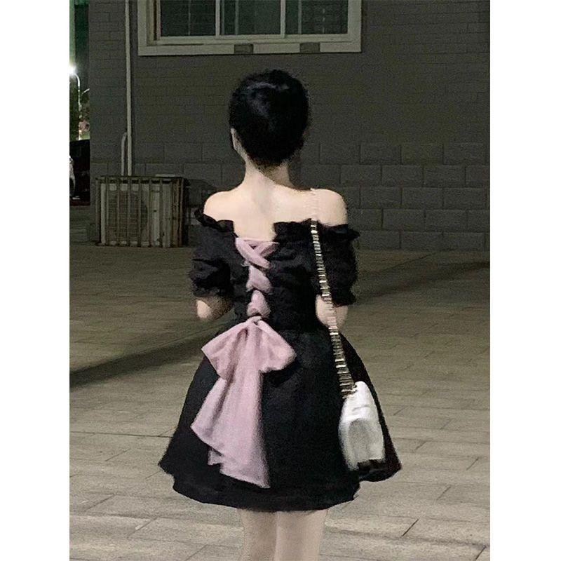 TOBE1SHOP Pháp vuông cổ ren-up lớn bowknot váy thắt lưng hiển thị gầy một chữ công chúa váy ngắn bong bóng tay áo mùa hè nhỏ