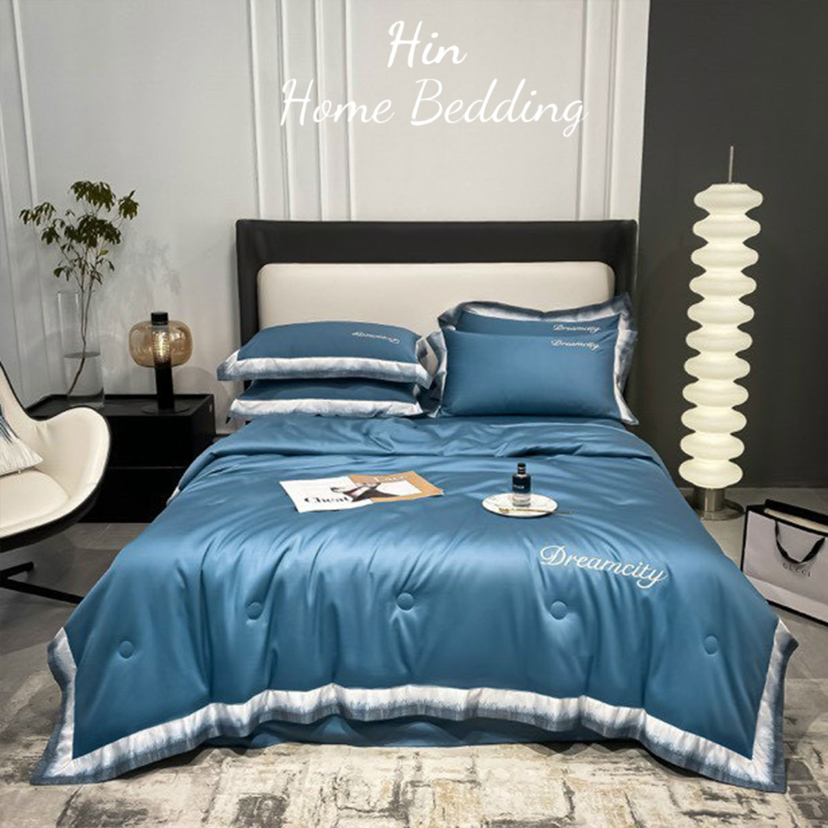 Bộ Chăn Ga Gối Đệm 5 Món Chăn Phao Lụa Thái Hin Home Bedding Mẫu Xanh Biển Đậm