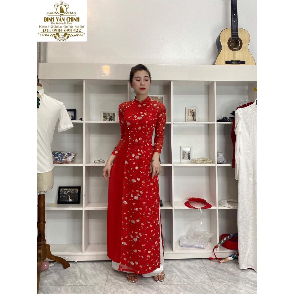 Áo dài lụa Mỹ phối voan hoa nhí đủ tông màu