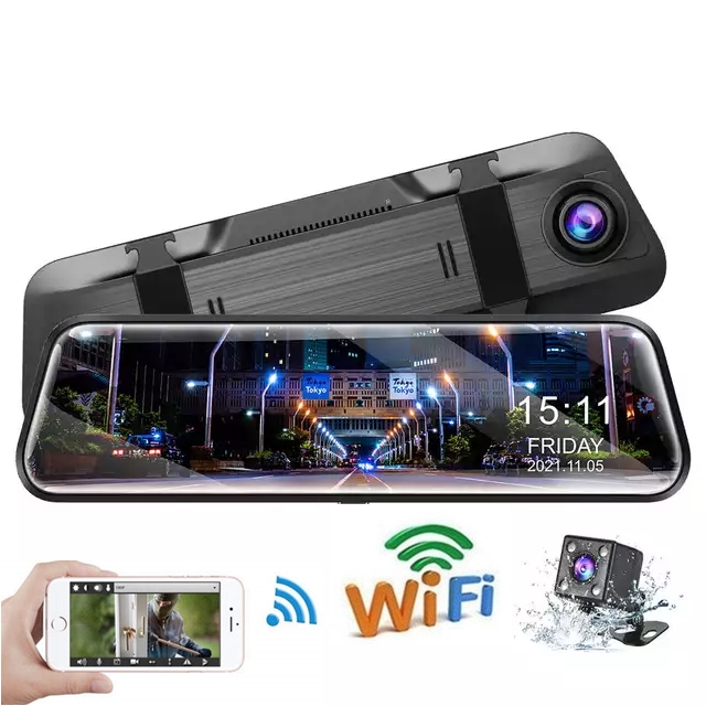 Camera WiFi hành trình ô tô Gương chiếu hậu 9.66 inch Full gương -Màn hình cảm ứng -Kết nối điện thoại video 2K sắc nét - Camera kép trước và sau