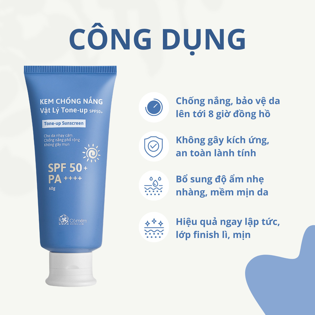 Kem Chống Nắng Vật Lý Tone Up SPF50 PA++++ Tone Up An Toàn Cho Da Nhạy Cảm Bà Bầu Trẻ Em Cỏ Mềm 60g