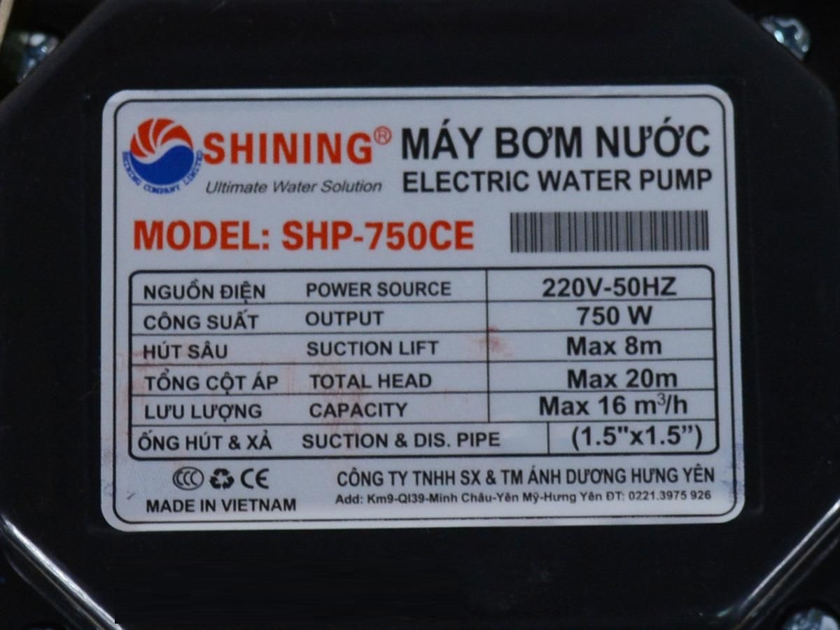 MÁY BƠM NƯỚC SHINING SHP-750CE (750W- THUỘC MÁY BƠM NƯỚC LY TÂM)- HÀNG CHÍNH HÃNG