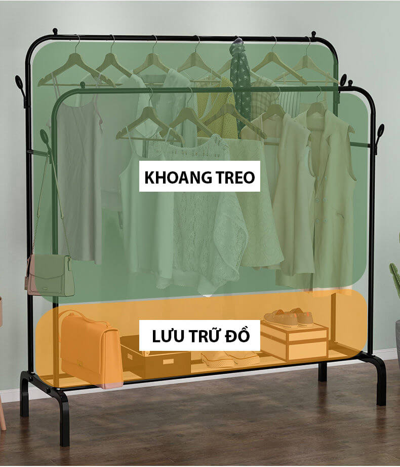 Giá Treo Quần Áo Đôi 2 Thanh Giá Phơi Đồ Để Đồ Tiện Lợi Bằng Thép Carbon Sơn Tĩnh Điện VANDO