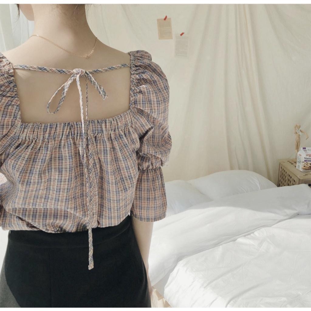 MS259 Áo kiểu nữ cổ vuông kẻ caro tay lỡ Hàn Quốc