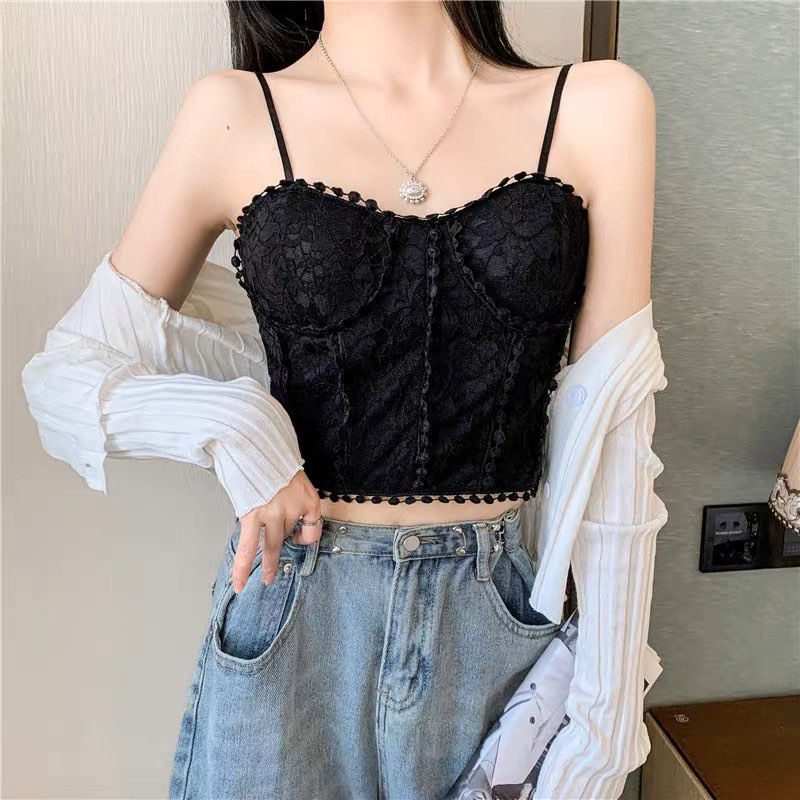 M195. Áo 2 dây ren croptop nữ sẵn mút ngực ren hoa mặc vest sang chảnh, áo kiểu nữ đẹp 2023