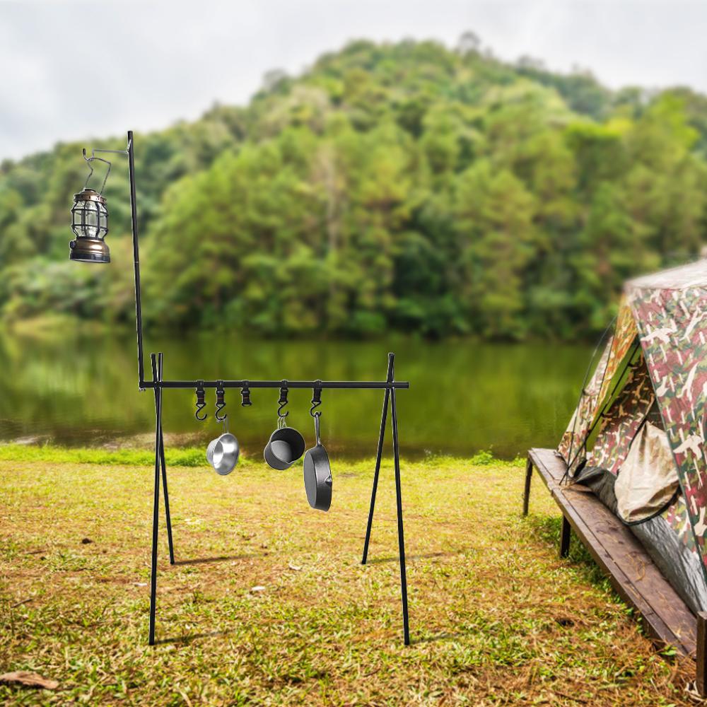 Collapsible Camping Cookware Hanging Rack with Hooks Lantern Stand Holder Outdoor BBQ Tool Clothes Storage Hanger Stand