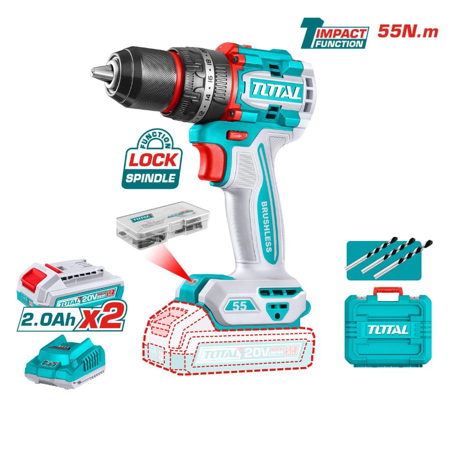 MÁY KHOAN BÚA KHÔNG CHỔI THAN DÙNG PIN 20V (KHÔNG KÈM PIN &amp; SẠC) 55NM TOTAL TIDLI205581 - HÀNG CHÍNH HÃNG