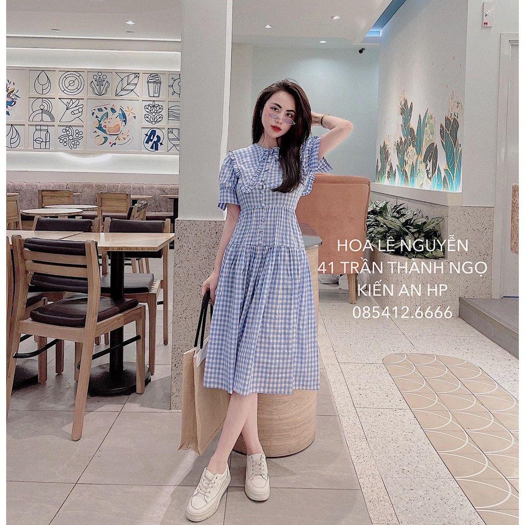 Đầm Nữ Caro Xanh Cộc Tay Khuy Cài Dáng Xòe năng động đi làm, đi chơi, du lịch hay đi dạo đều hợp Q087