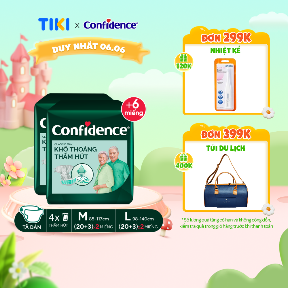 Combo 2 Tã dán người lớn Confidence Classic Day khô thoáng thấm hút size M/L gói 20+3 miếng