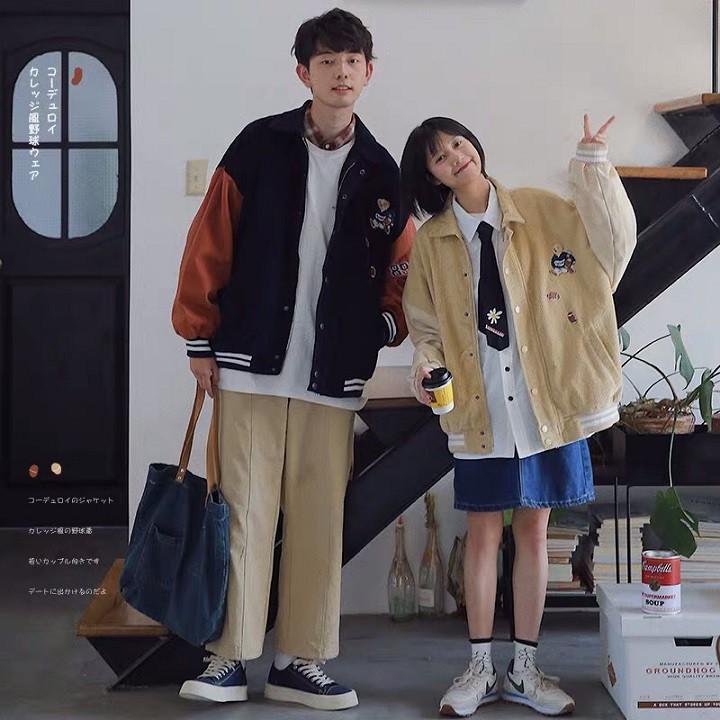 Áo Khoác Bomber Nhung Gân Thêu Gấu 89 Cổ Trụ Phối Màu Cực Xinh Form Rộng Unisex Nam Nữ Ulzzang