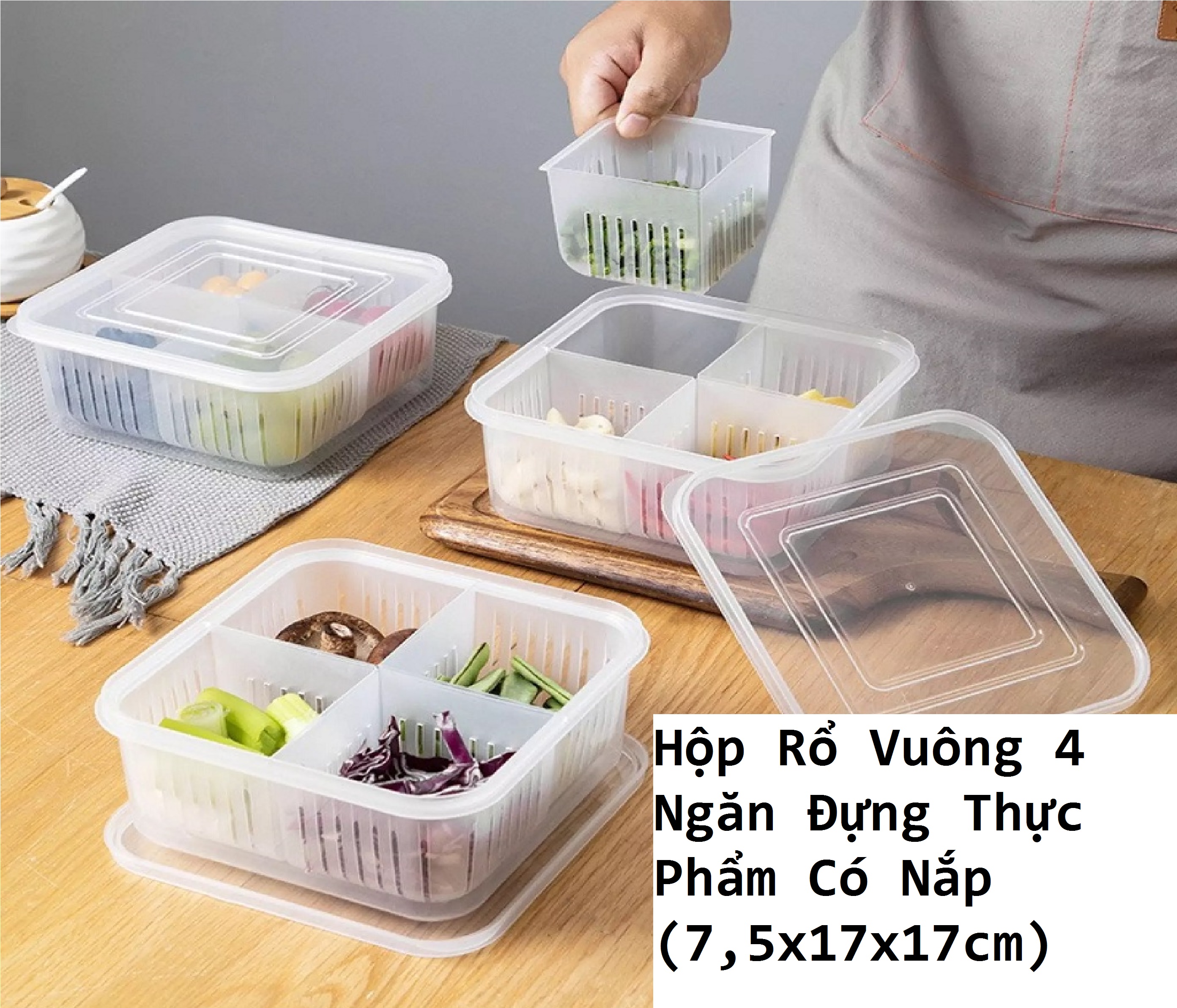 Hộp Rổ Vuông 4 Ngăn Đựng Thực Phẩm Có Nắp (7,5x17x17cm) VT