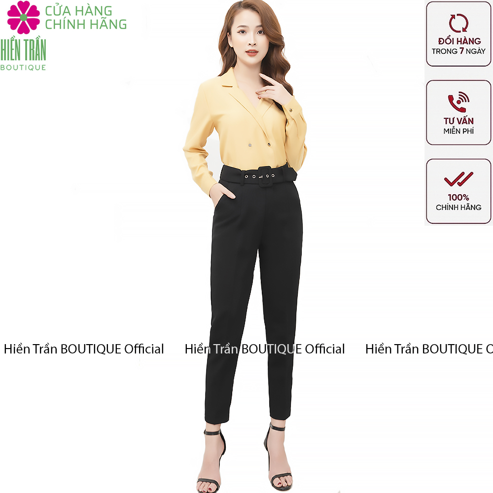 Quần baggy nữ Hiền Trần BOUTIQUE cạp cao đai khuyên lỗ tháo rời cá tính chất vải cao cấp form dáng công sở