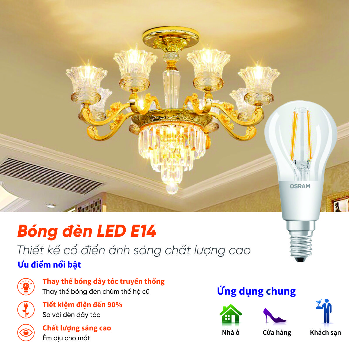 Bóng đèn LED PARATHOM DIM CLASSIC B40 4.5W đui đèn E14 DIMMABLE OSRAM - Ánh sáng (Vàng 2700K)