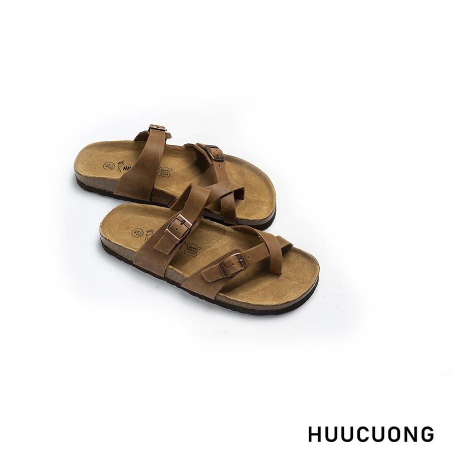 Dép unisex HuuCuong xỏ ngón da bò nâu đế trấu