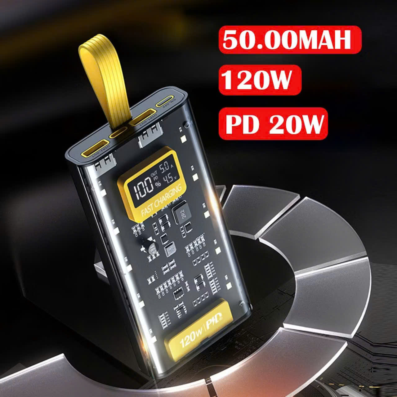 Sạc Dự Phòng 50.000MAH Trong Suốt kèm cáp sạc nhanh 4 đầu, tích hợp 4 cáp sạc, làm đèn ngủ - FTAKY Hàng Nhập Khẩu