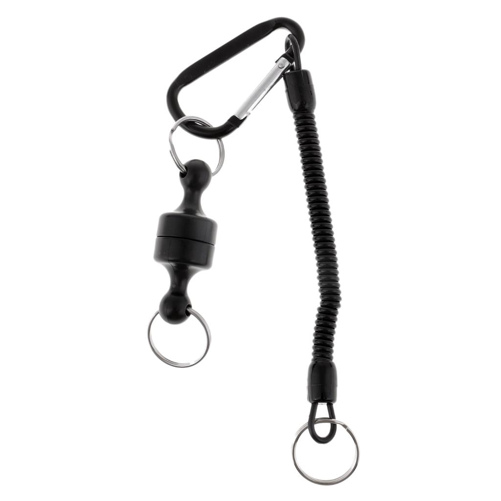 Steel Wire Fishing Coiled Lanyard w/ Magnetic Net Release & Buckle Black