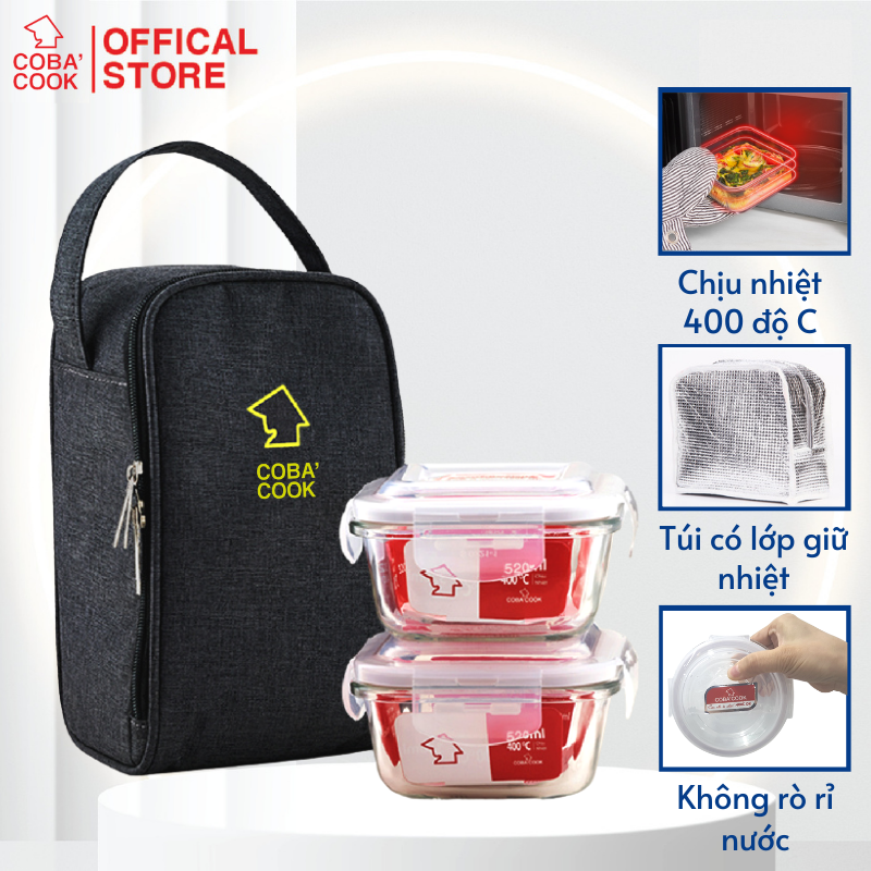 Bộ 2 hộp đựng cơm thức ăn ,trũ thực phẩm thủy tinh chịu nhiệt COBA'COOK hình vuông 530ml và 1 túi giữ nhiệt- CCS52BL