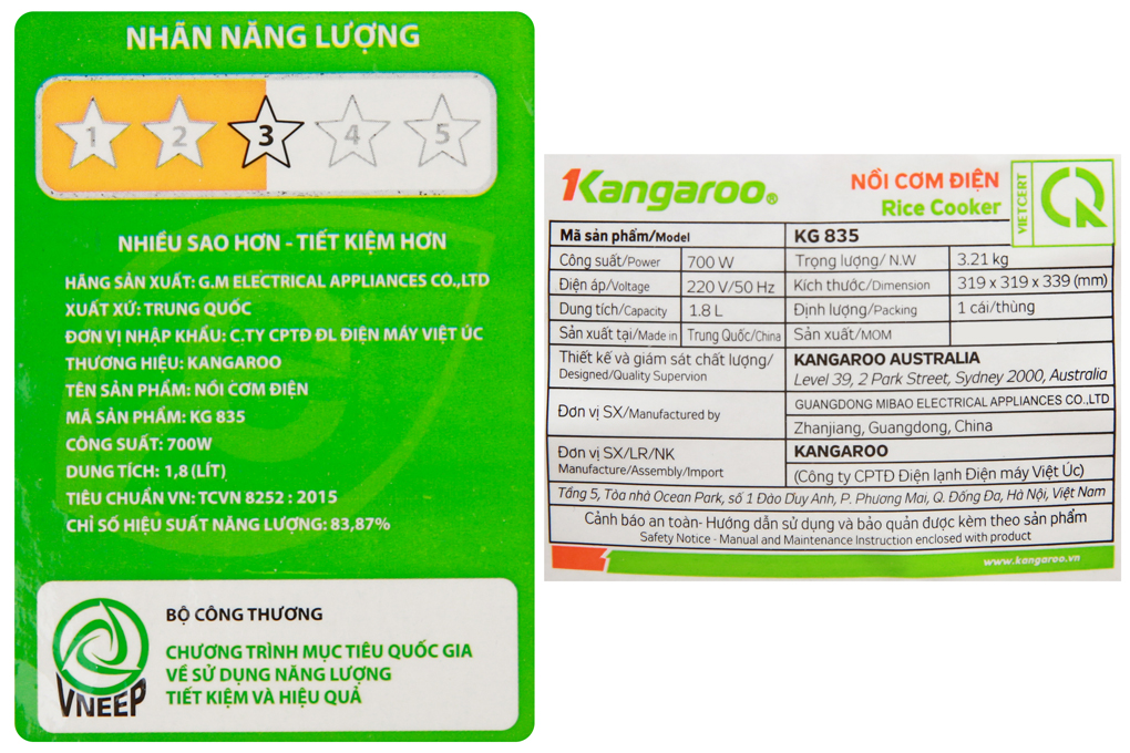 Nồi Cơm Điện 1.8L Kangaroo KG835 - Hàng chính hãng