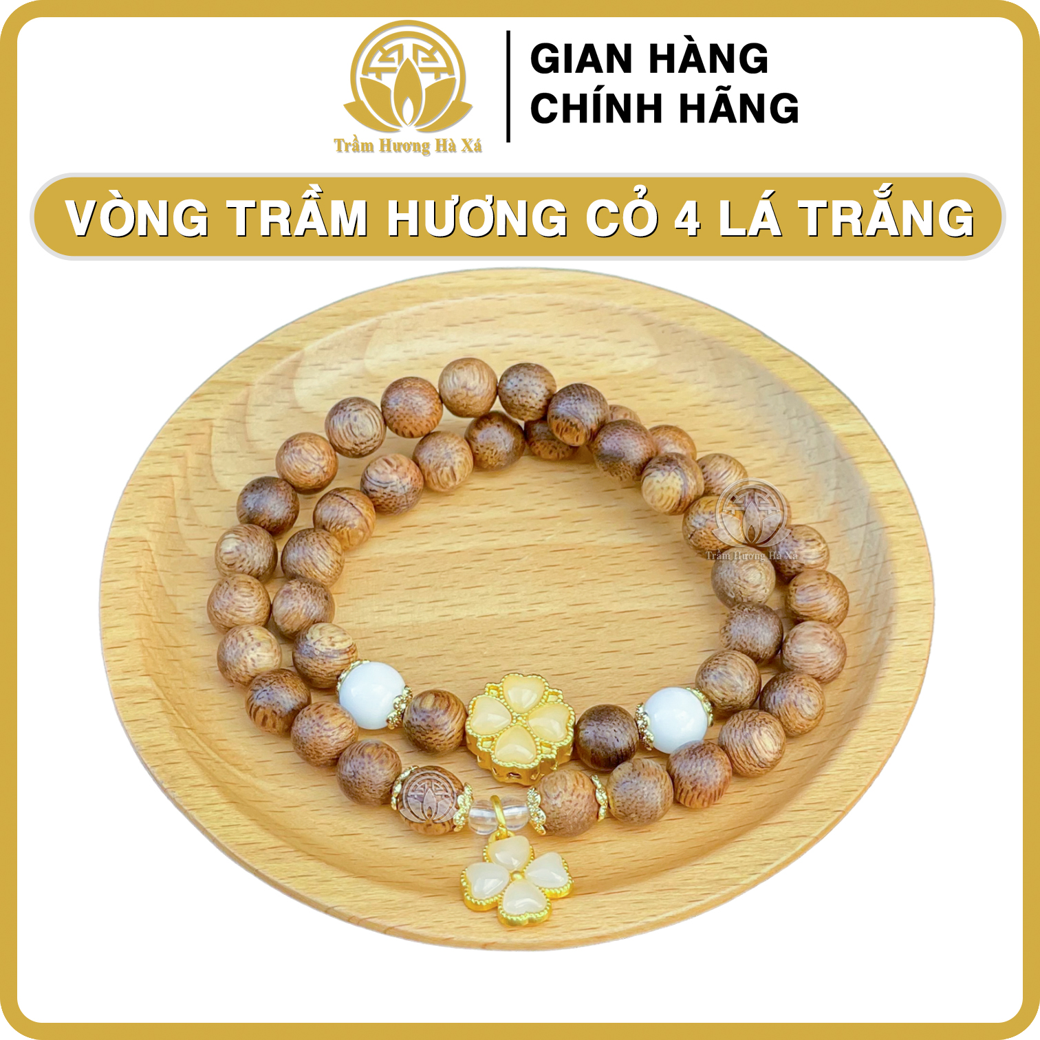 Vòng tay đôi trầm hương phong thủy HÀ XÁ mix charm cỏ 4 lá mạ vàng đeo tay cặp đôi nam nữ may mắn bình an tài lộc