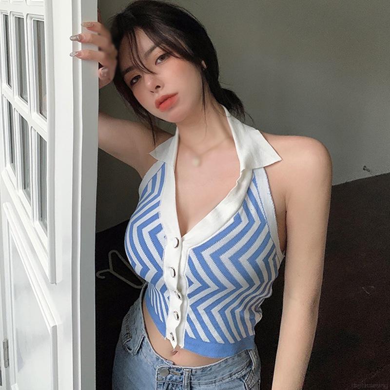 Áo Tank Top Dệt Kim Hoạ Tiết Kẻ Sọc Thiết Kế Cổ Chữ V Quyến Rũ