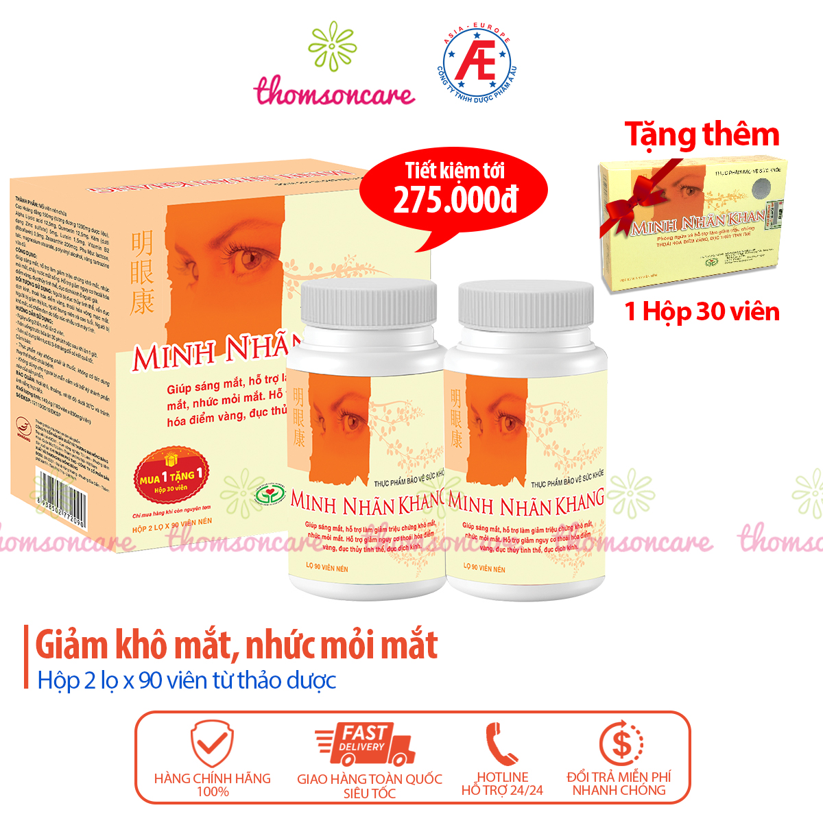 Minh nhãn khang - Dạng lọ Tiết kiệm hơn - Viên uống giảm mỏi, mờ mắt, cận, loạn thị - Chính hãng Á Âu