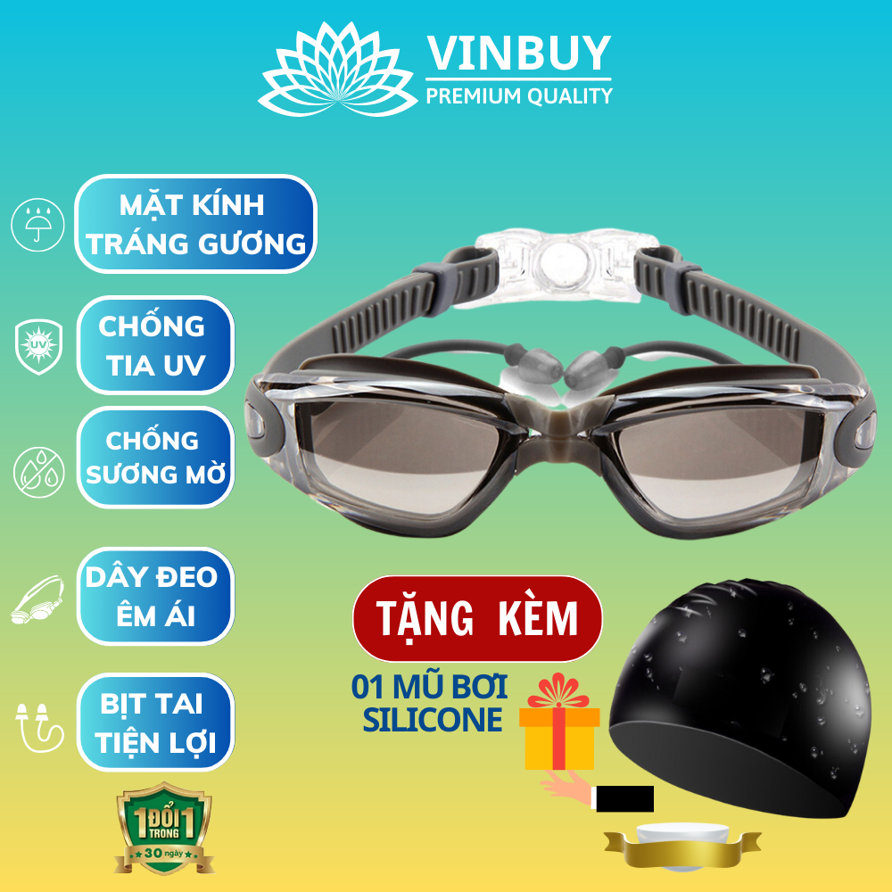 Kính Bơi Tráng Gương kèm bịt tai cao cấp VinBuy chống sương mù, chống tia UV Hàng chính hãng - Tặng kèm nón bơi Silicon