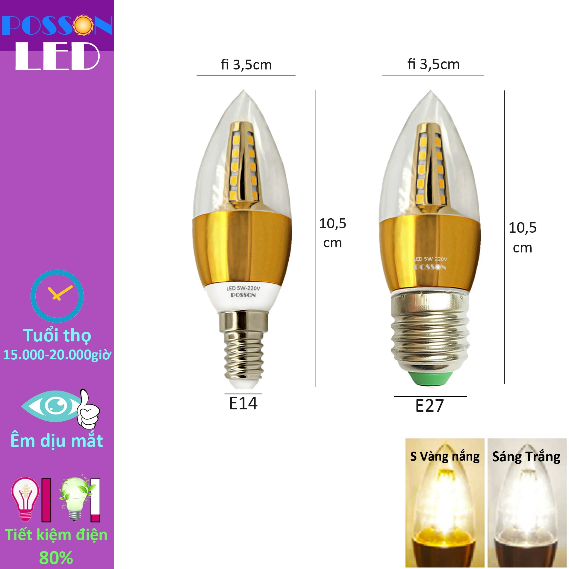 10 Bóng đèn Led nến 5w quả nhót đuôi E14 E27 tùy chọn Posson LCP-5Ex