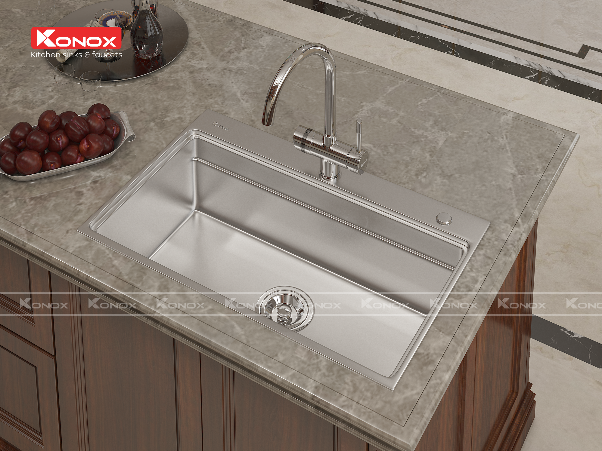 Vòi rửa bát 3 đường nước Konox, Model Trim-Water Grey, 3 phiên bản màu, Bề mặt mạ PVD mạ vân đá, Lõi đồng tiêu chuẩn CW617N, Linh kiện phụ trợ dòng chảy nhập khẩu châu Âu, Bảo hành chính hãng 5 năm, Hàng chính hãng