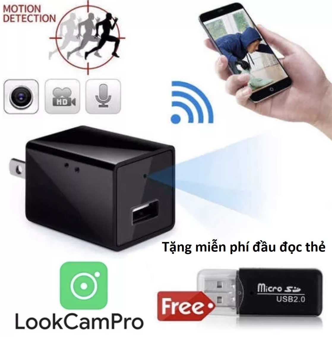 Camera mini Cục sạc. WiFi 4K FULLHD Kết nối điện thoại xem trực tiếp từ xa - Bảo hành 12 tháng