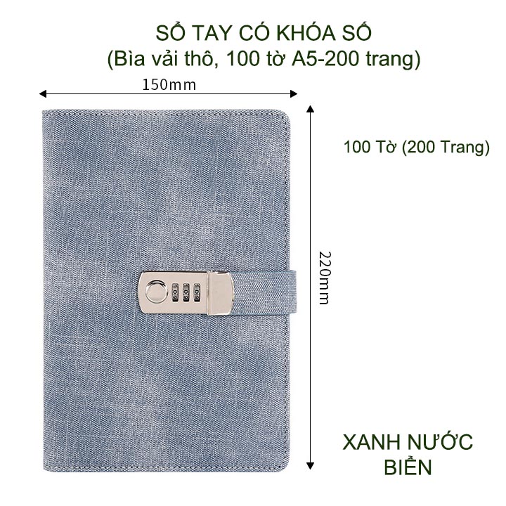 Sổ tay trang bị khóa số với bìa cứng bọc vải thô, khổ A5-100 tờ (200 trang)