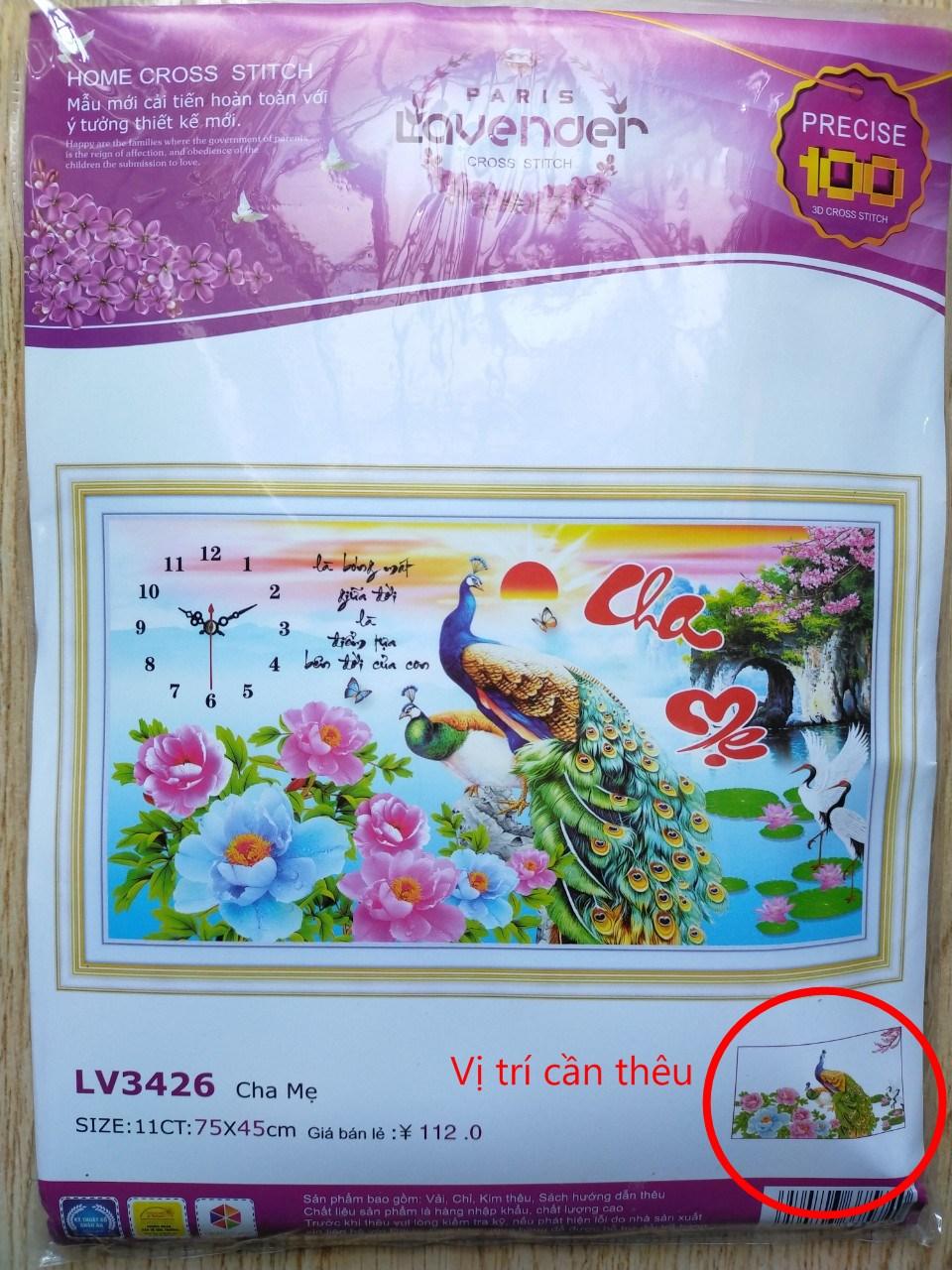 Tranh thêu chữ thập đồng hồ chim công LV3426 - 75 x 45 cm - chưa thêu