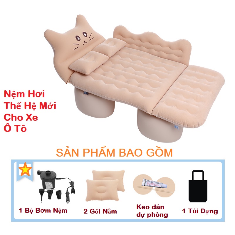 Nệm hơi ô tô - Giường hơi ô tô vải nhung cao cấp hình con mèo - Nệm xe hơi kèm bơm điện có thanh chặn an toàn cho bé