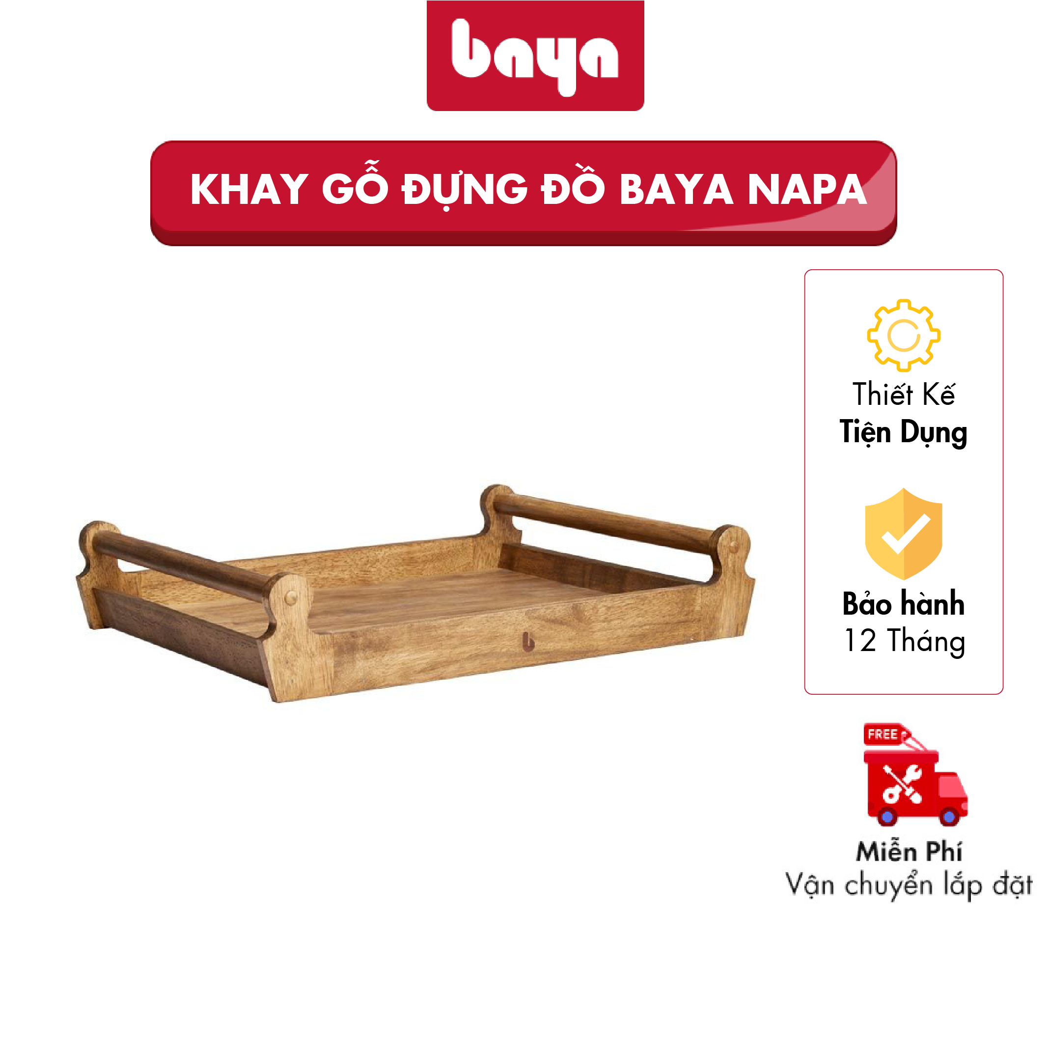 Khay Gỗ Đựng Đồ Hình Chữ Nhật Trang Trí Decor BAYA Napa Thiết Kế Tay Cầm 2 Bên Chắc Chắn Chất Liệu Gỗ Cao Su Bền Chắc, Màu Nâu Vân Gỗ Cổ Điển, An Toàn Vệ Sinh Thực Phẩm Và Sức Khỏe, Kích Thước 30x39x8cm - 1100341