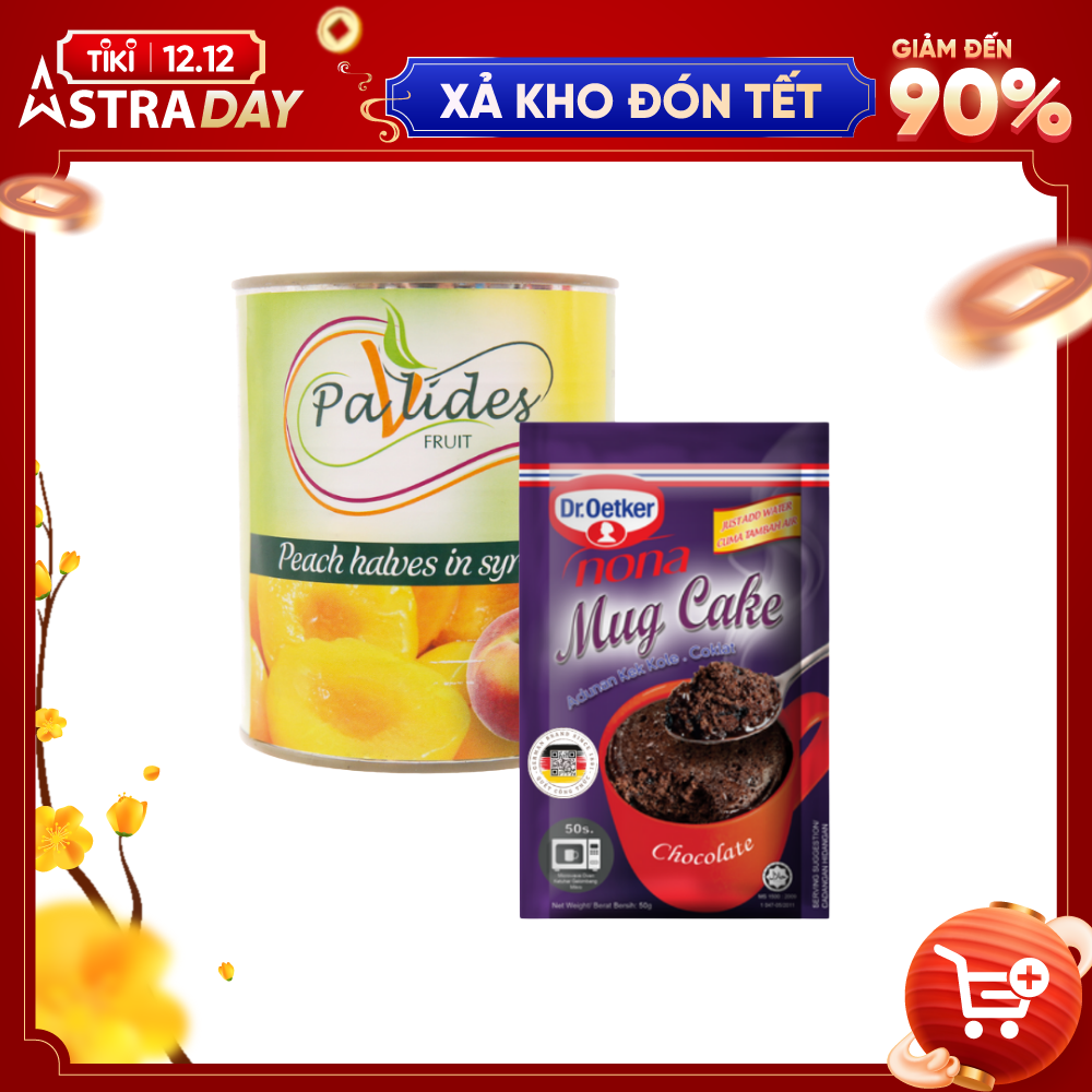 COMBO 1 Hộp Bột Làm Bánh Mug Cake Socola Dr. Oetker 50g + 1 Lon Đào Ngâm Đường Pavlides 820g