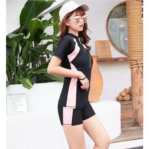 đồ bơi nữ kín đáo tay ngắn quần bơi đùi, lững đen phối hồng đi bơi đi biển đồ bơi học sinh HM94VA